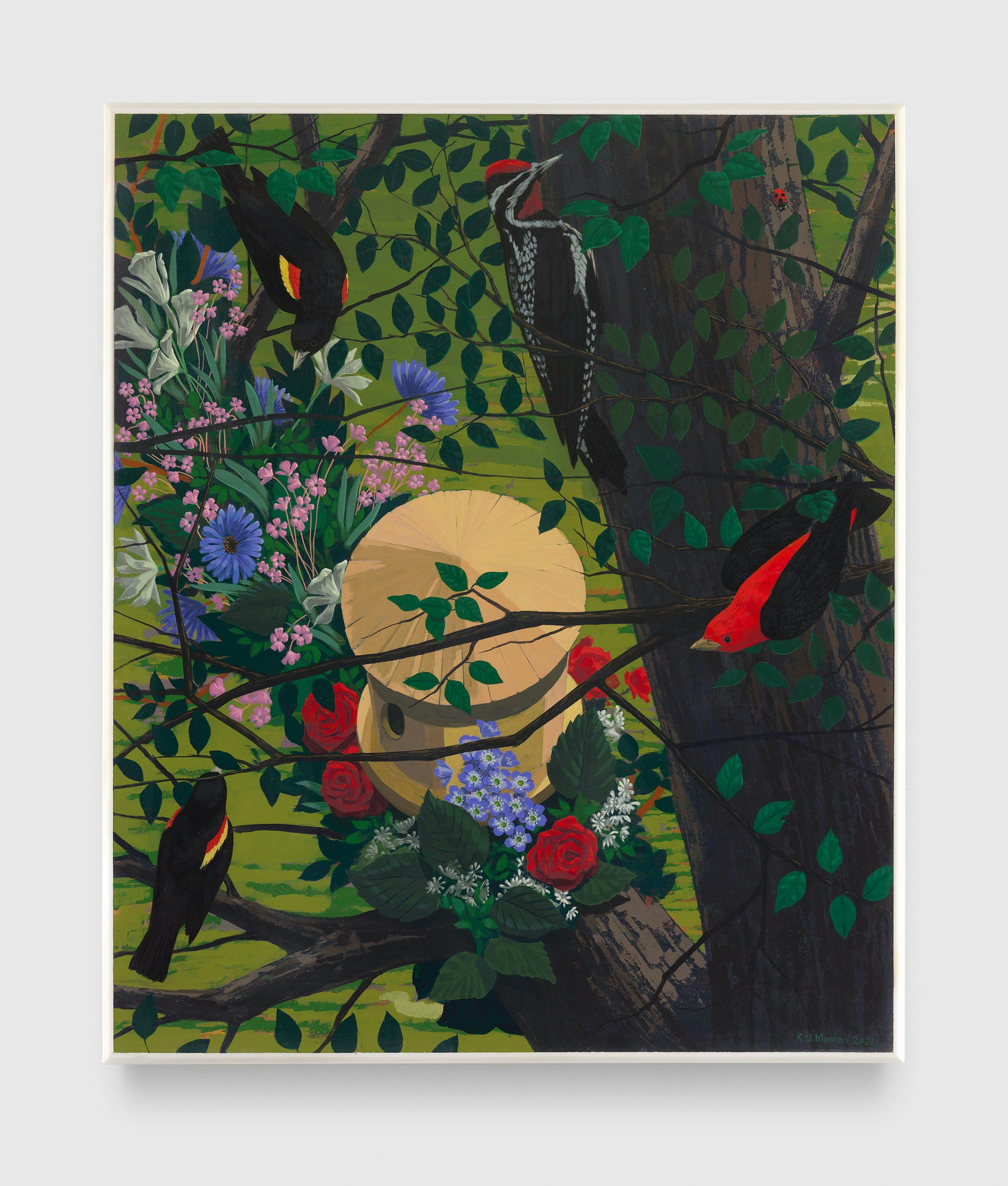 A painting by Kerry James Marshall, titled Black and part Black Birds in America (Red wing Blackbirds, Yellow Bellied Sapsucker, Scarlet Tanager), dated 2021.